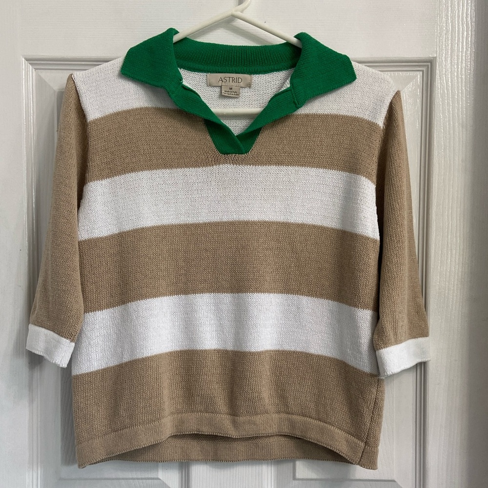 Astrid Women's Tan and White Striped Cropped Sweater Size Medium Made in Italy